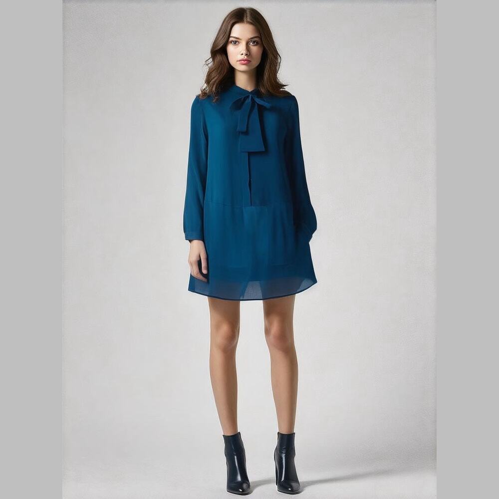 ANTHRO ROMEO + JULIET Navy Blue Sheer Long Sleeve Shirt Bow Tie Neck Dress M